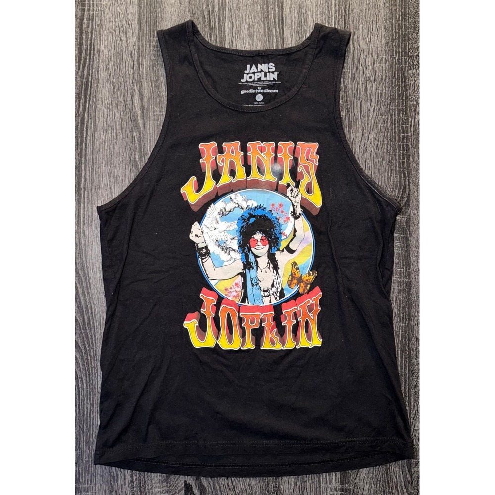 Janis Joplin Goodie Two Sleeves Black Graphic Tank Top Large Psychedelic Rock